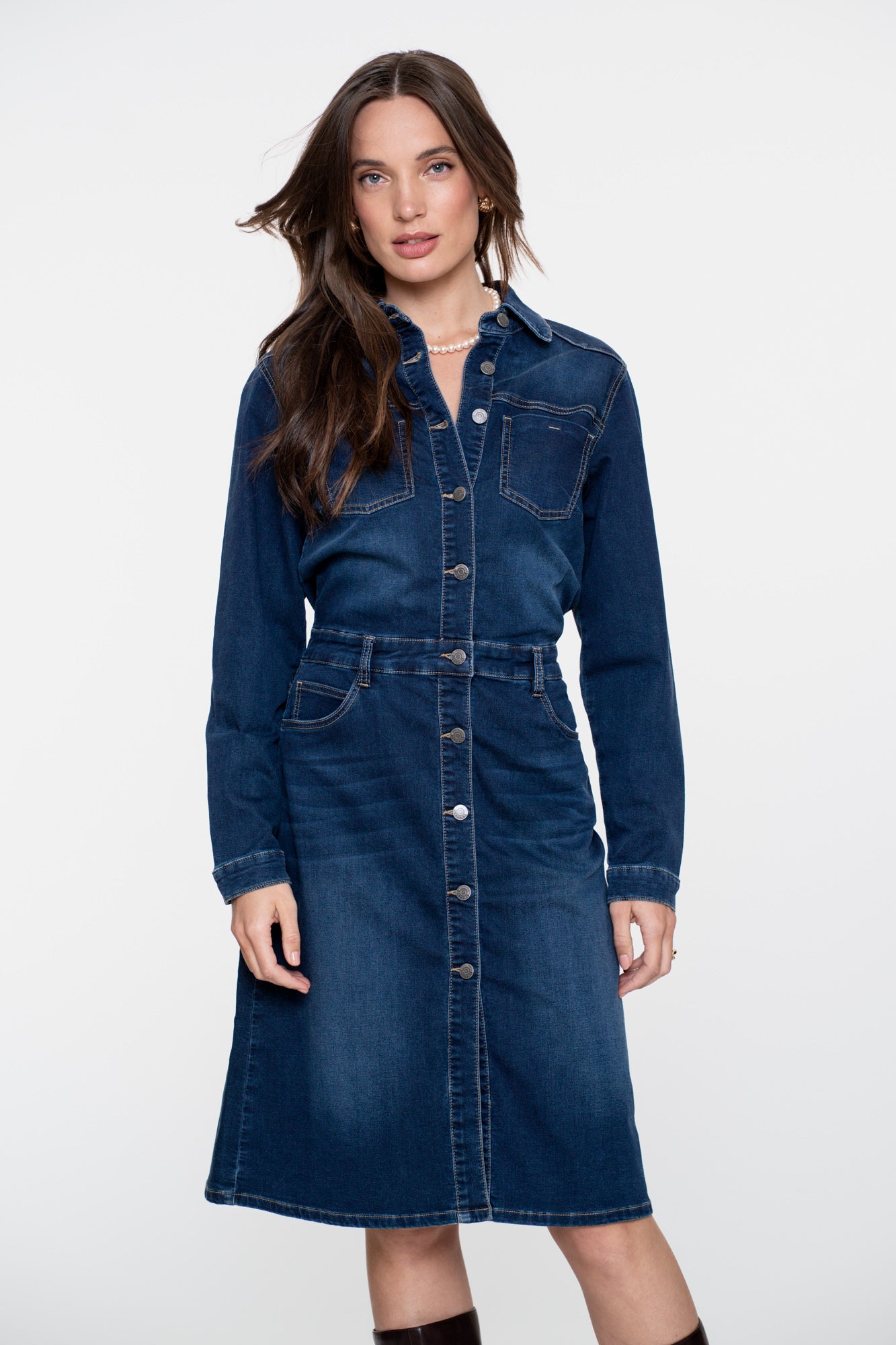 Geisha dames denim midi jurk met knoopsluiting