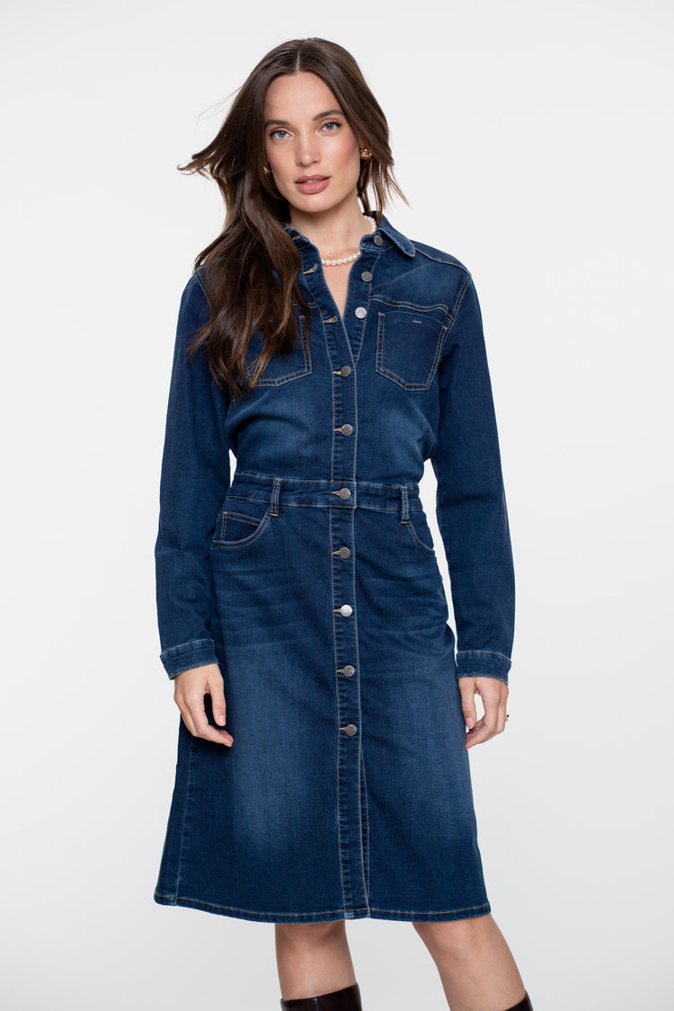 Geisha dames denim midi jurk met knoopsluiting