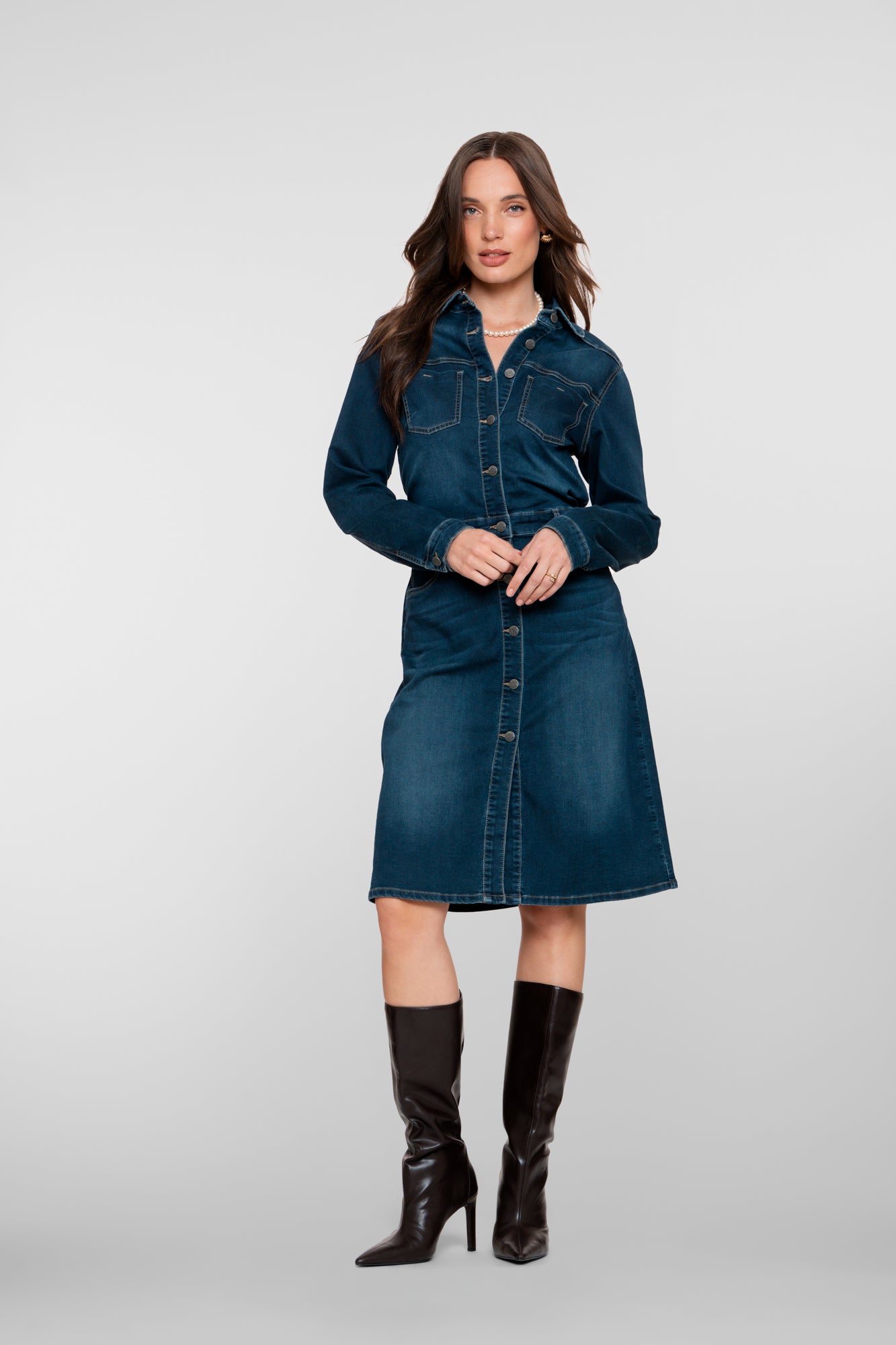 Geisha dames denim midi jurk met knoopsluiting