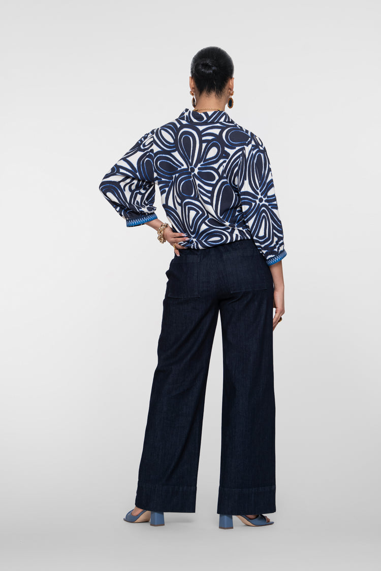 Geisha donkerblauwe wide leg jeans met strikdetail