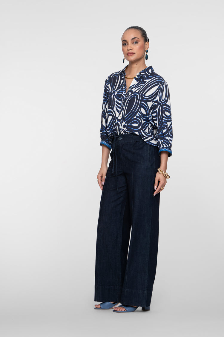 Geisha donkerblauwe wide leg jeans met strikdetail