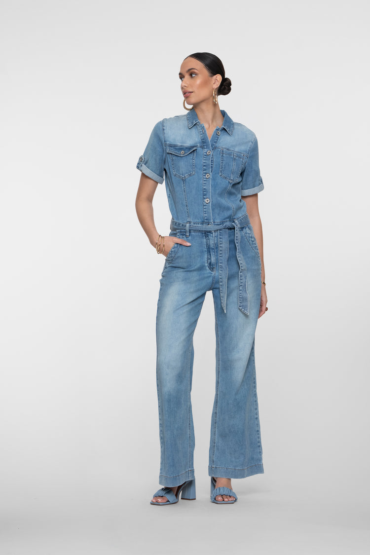 Geisha denim jumpsuit met strikdetail