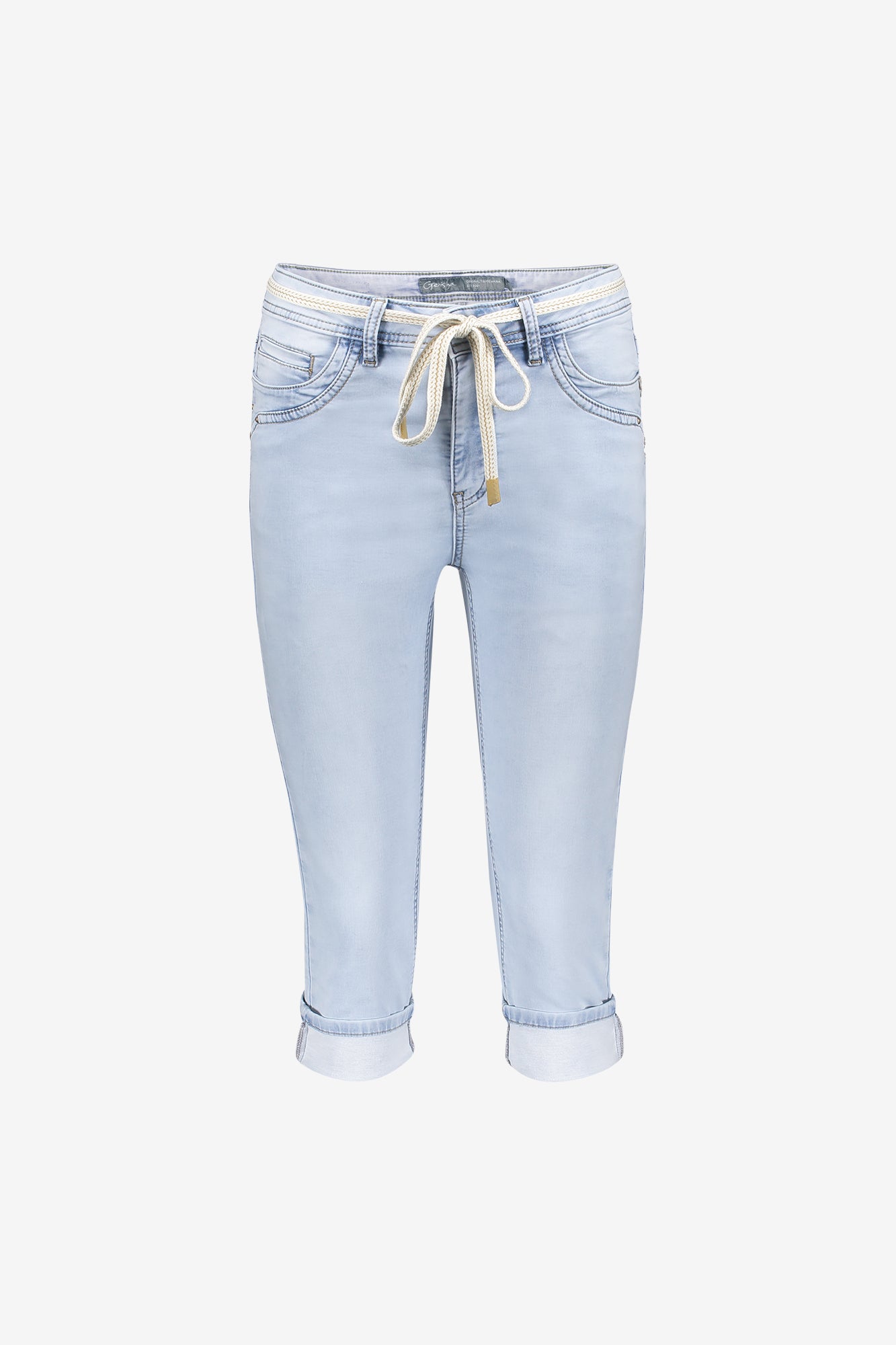 Geisha capri jeans met strikceintuur en omgeslagen broekspijpen