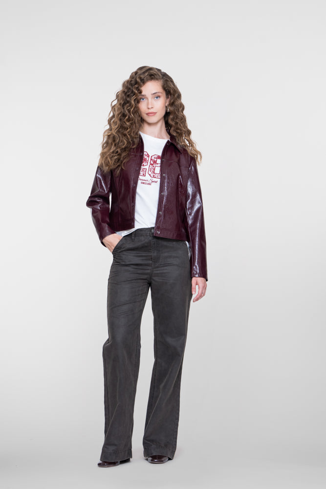 Geisha dames leather look jacket in bordeaux met drukknopen – Shop de look