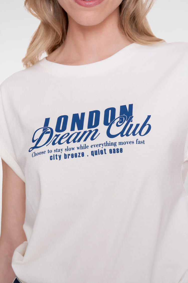 Geisha T-shirt met chestprint 'London Dream Club' en aangeknipte mouwen