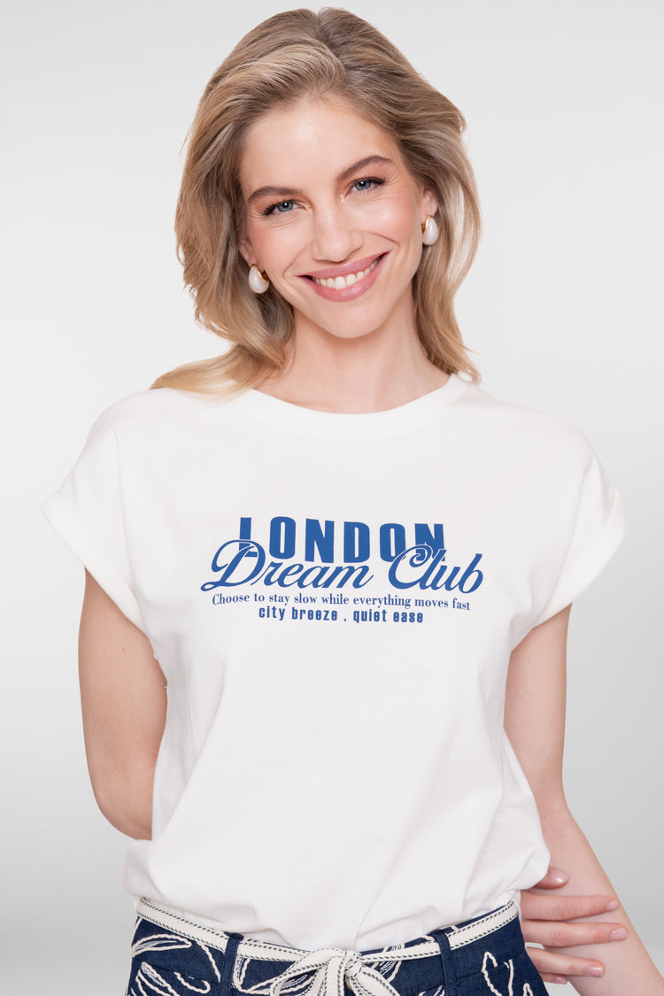 Geisha T-shirt met chestprint 'London Dream Club' en aangeknipte mouwen