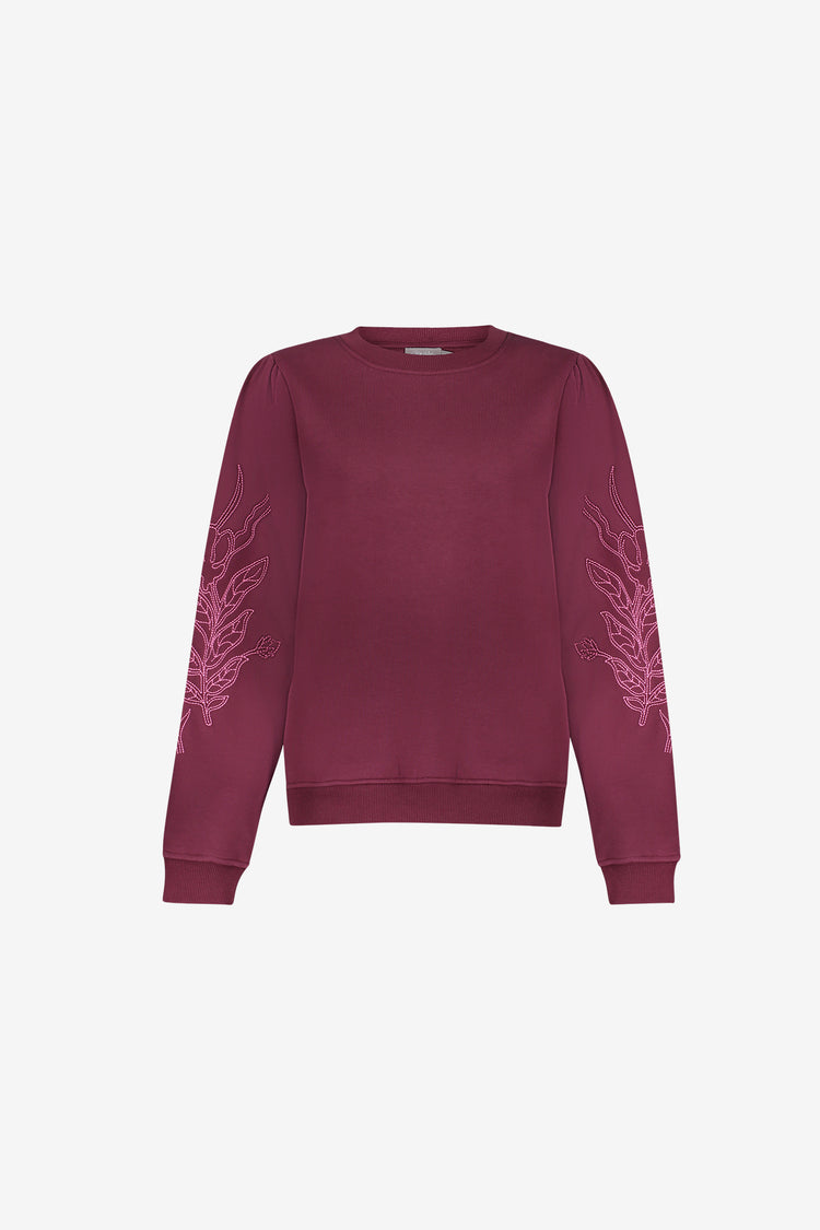 Geisha burgundy sweater met bloemen embroidery op de mouwen