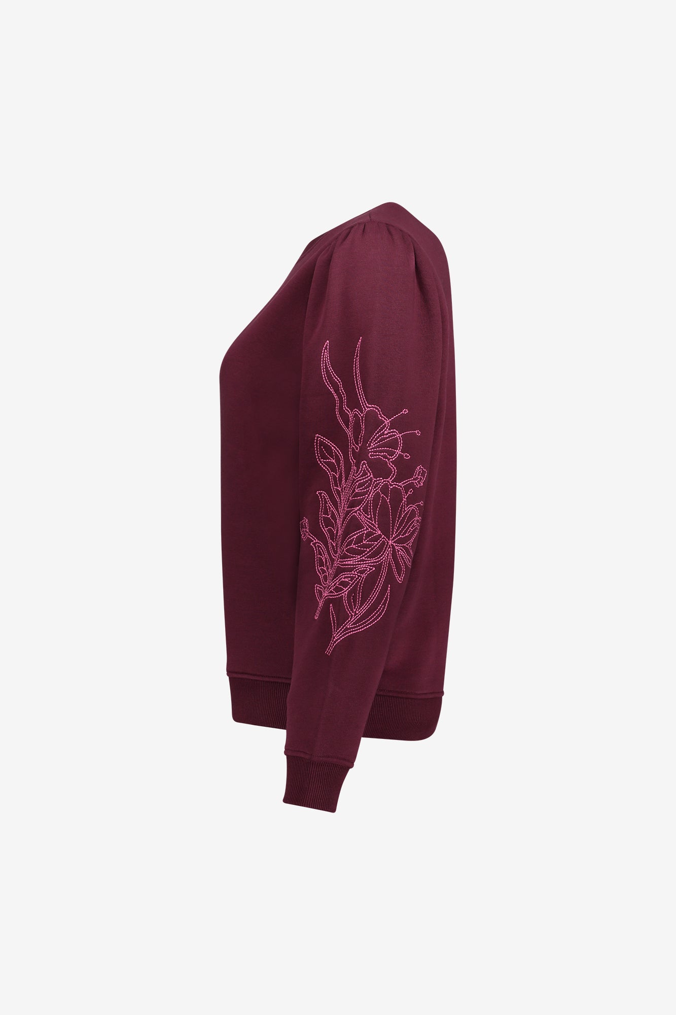 Geisha burgundy sweater met bloemen embroidery op de mouwen