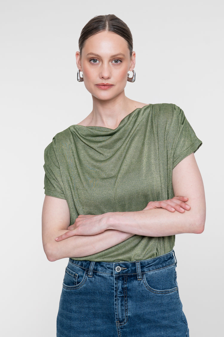 Geisha glanzende top met watervalhals in groen