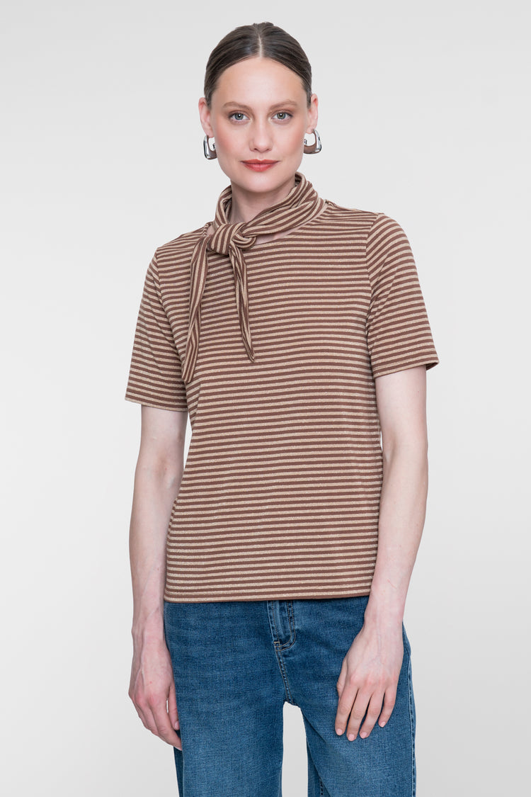 Geisha gestreepte top met vaste strikhals en lurex