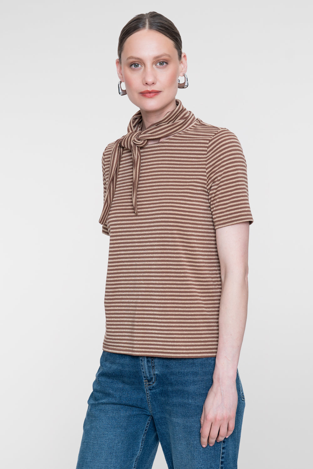 Geisha gestreepte top met vaste strikhals en lurex