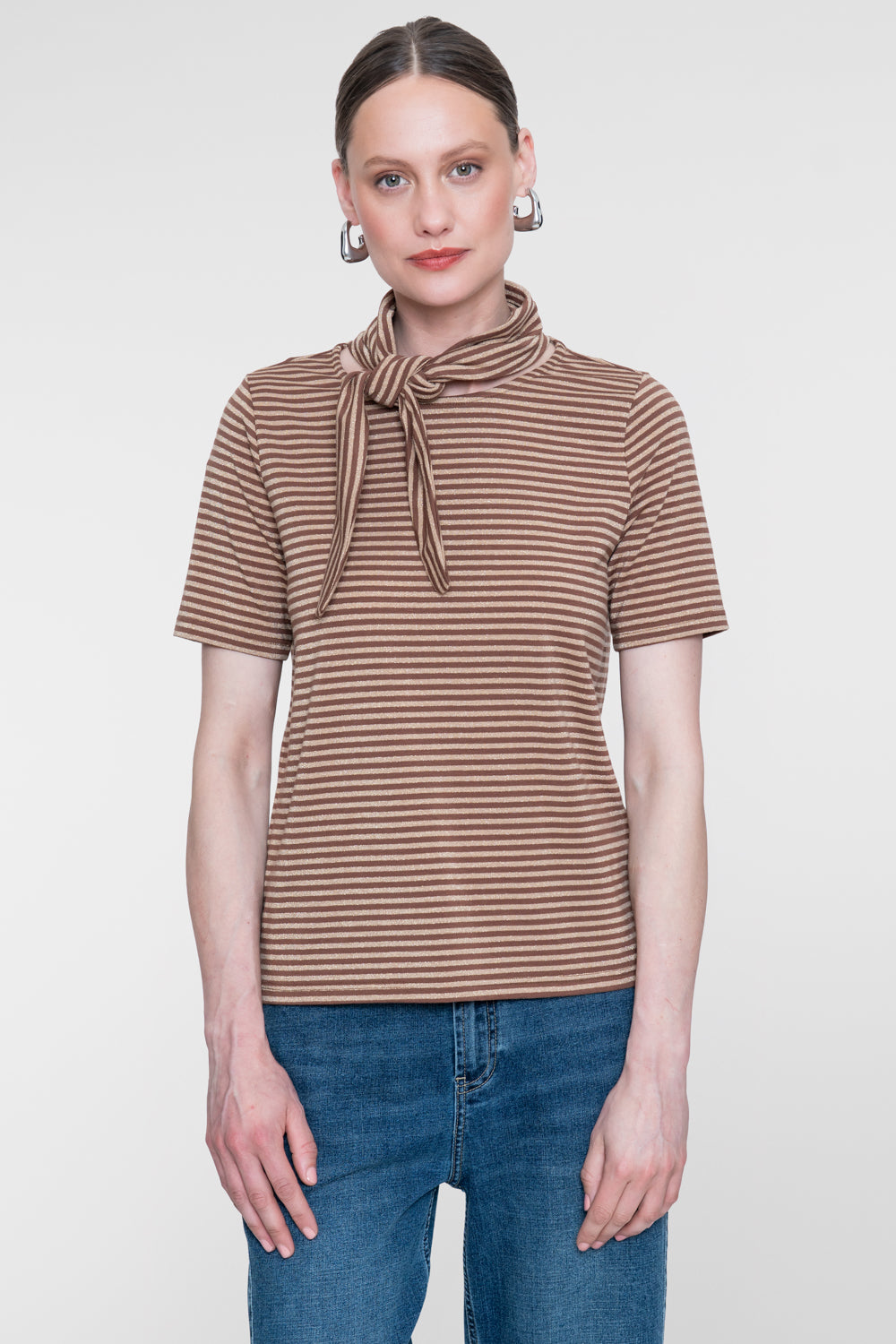 Geisha gestreepte top met vaste strikhals en lurex