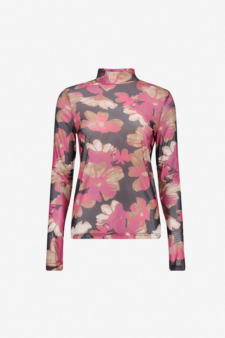 Geisha mesh top met bloemenprint en opstaande hals