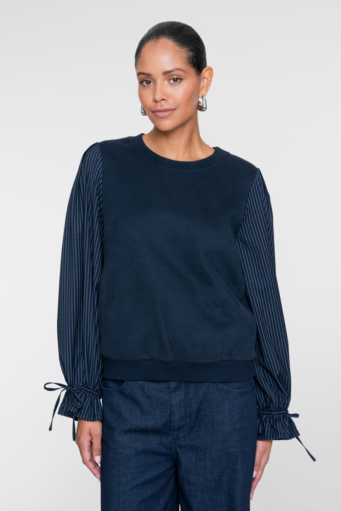 Geisha sweater met gestreepte blousemouwen en ruffle details – Shop de look