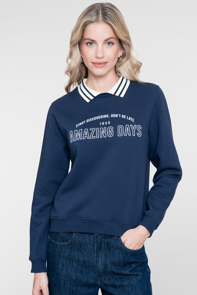 Geisha sportieve sweater met polokraag en statementprint – Shop de look