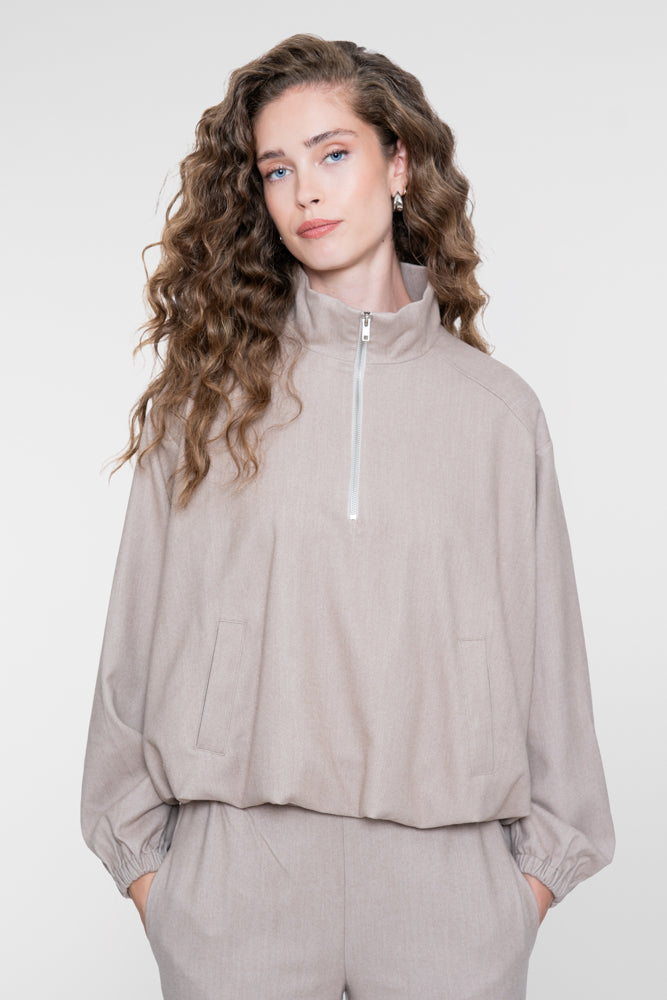 Geisha flanel jasje in taupe zand melange met hoge kraag