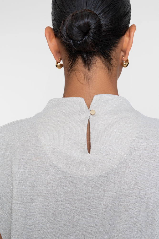 Geisha top met gouden lurex en gedrapeerd schouderdetail