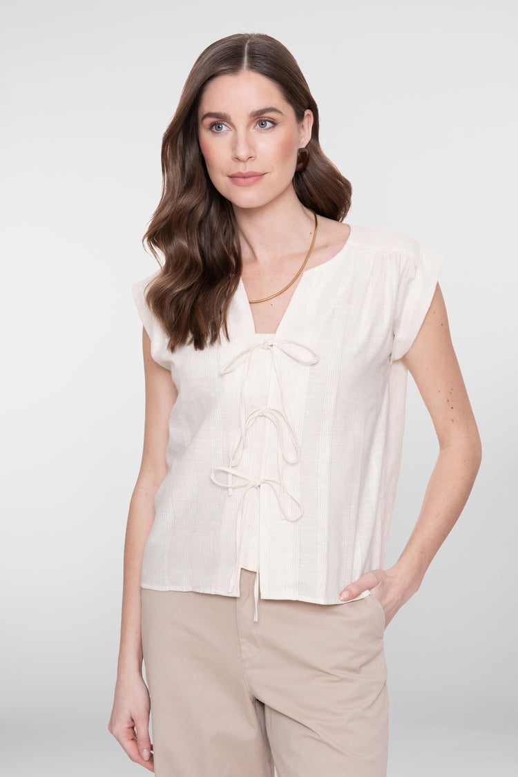Geisha blouse met sierlijke striksluiting en lurex