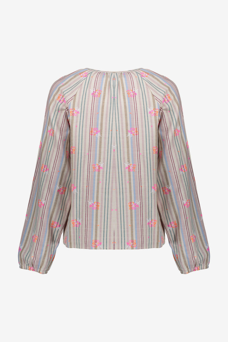 Geisha blouse met pastelstrepen en opvallende kleurige embrodery