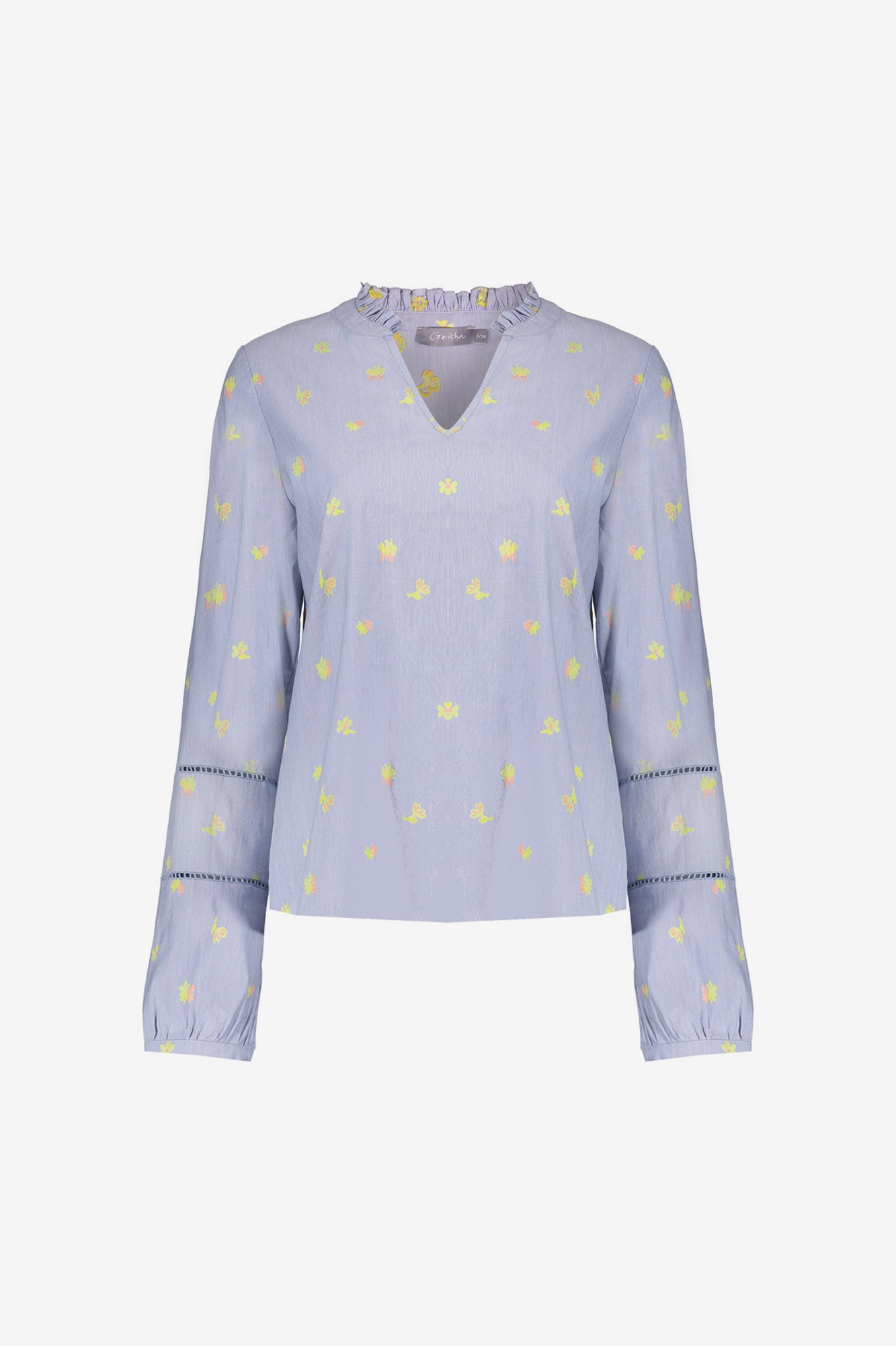 Geisha top met bloemenprint en ronde hals met opstaande ruffle