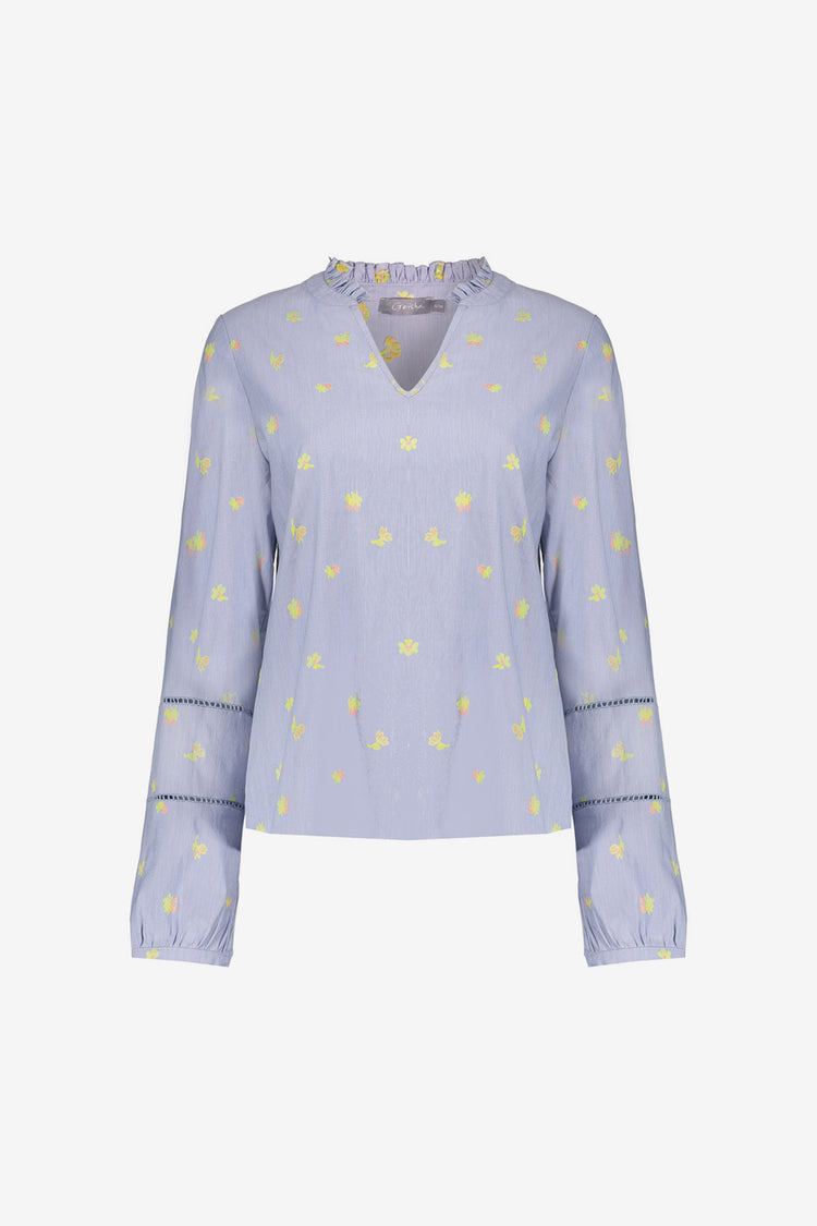 Geisha top met bloemenprint en ronde hals met opstaande ruffle