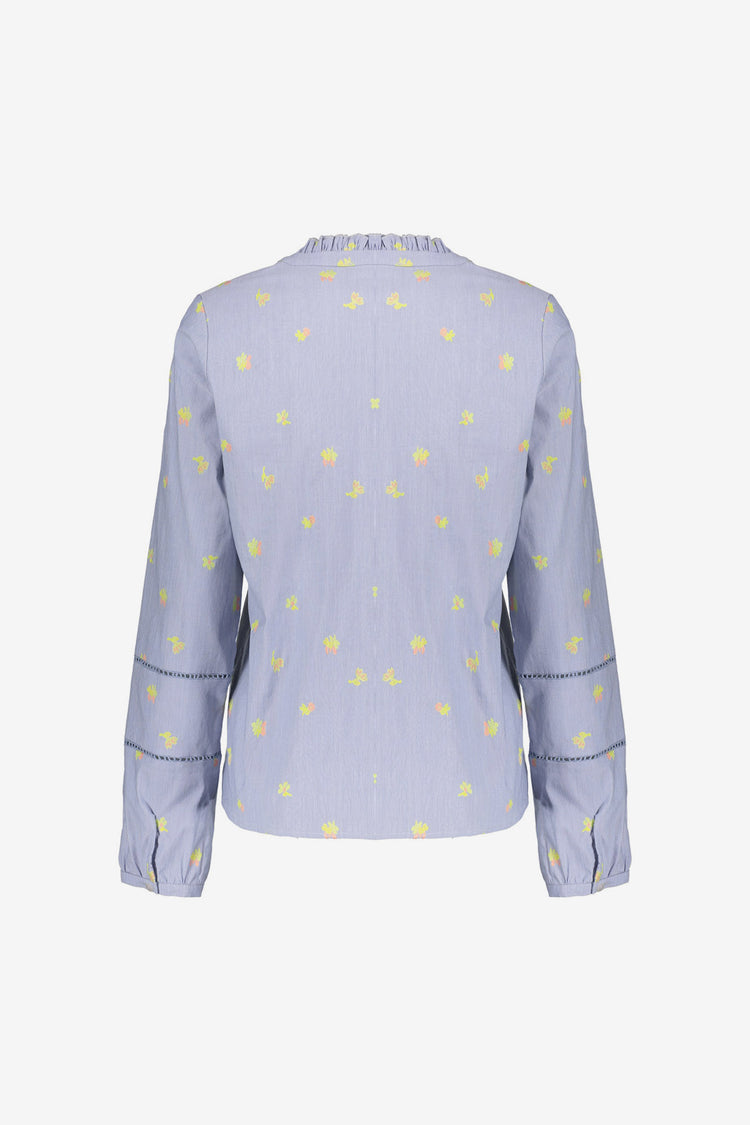 Geisha top met bloemenprint en ronde hals met opstaande ruffle