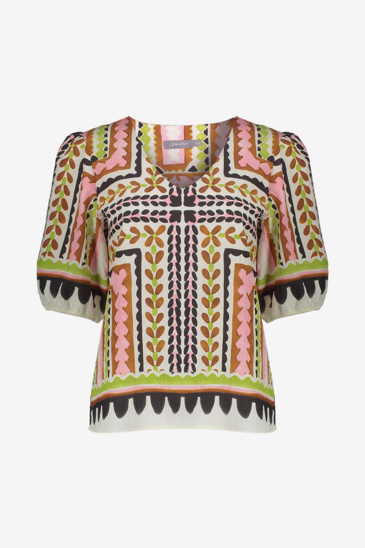 Geisha top met kleurrijke tegeltjesprint