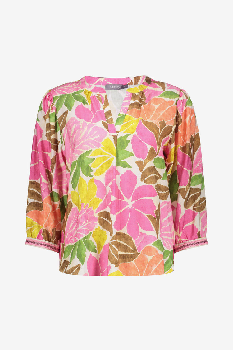 Geisha top met kleurrijke botanische print en V-hals