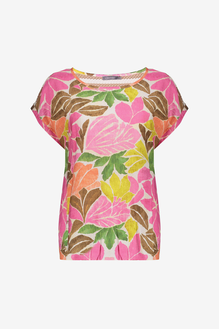 Geisha top met botanische print en contrasterend streeppatroon