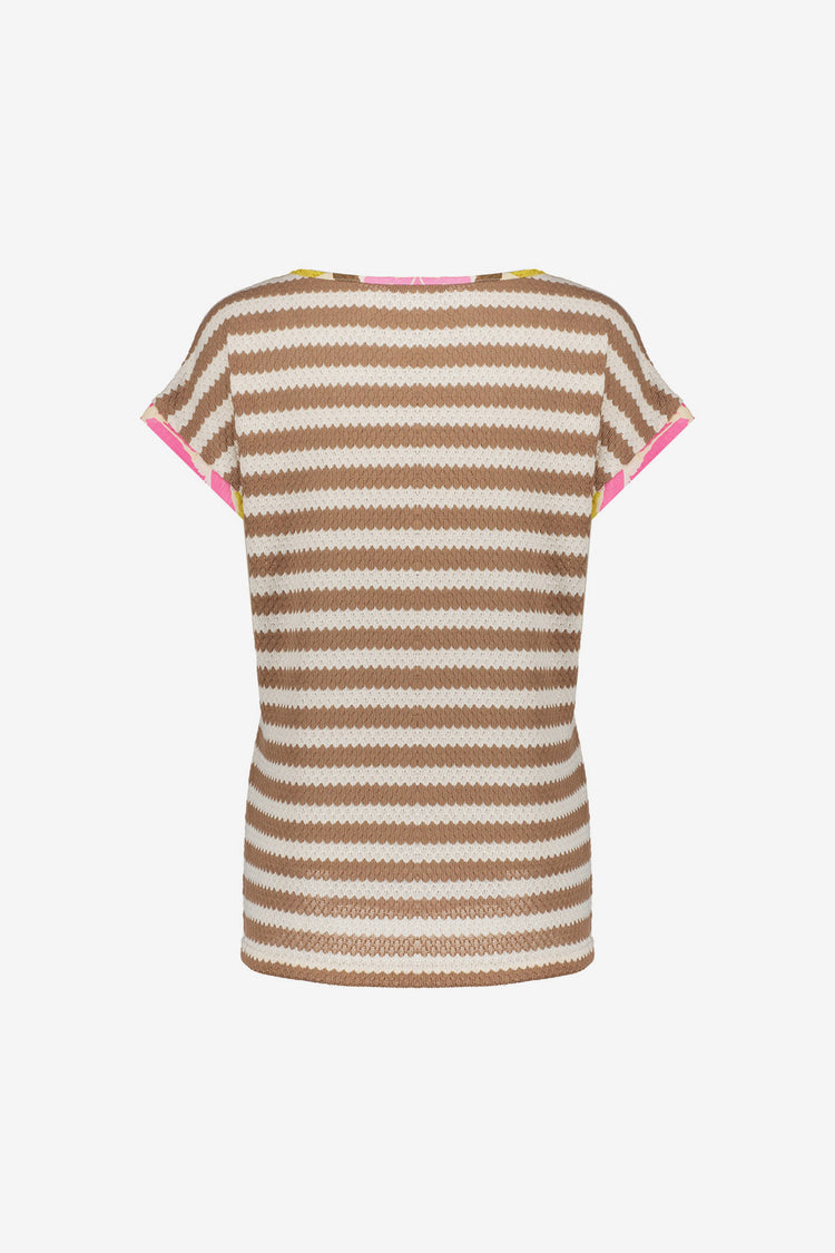 Geisha top met botanische print en contrasterend streeppatroon