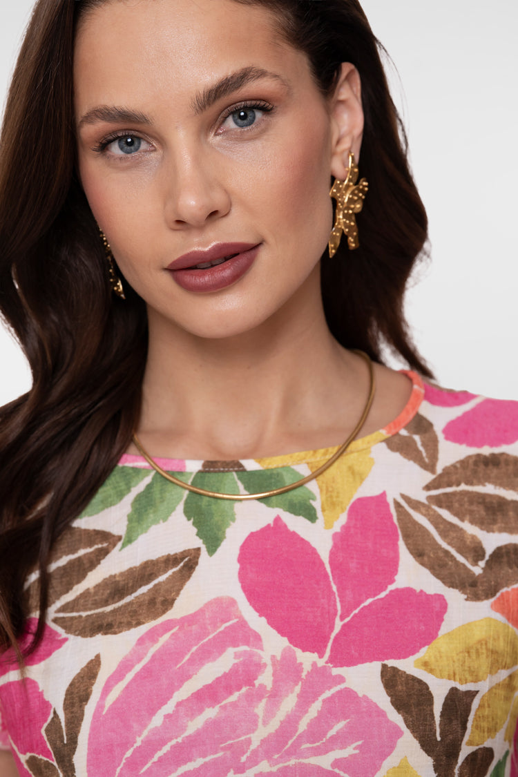 Geisha top met botanische print en contrasterend streeppatroon