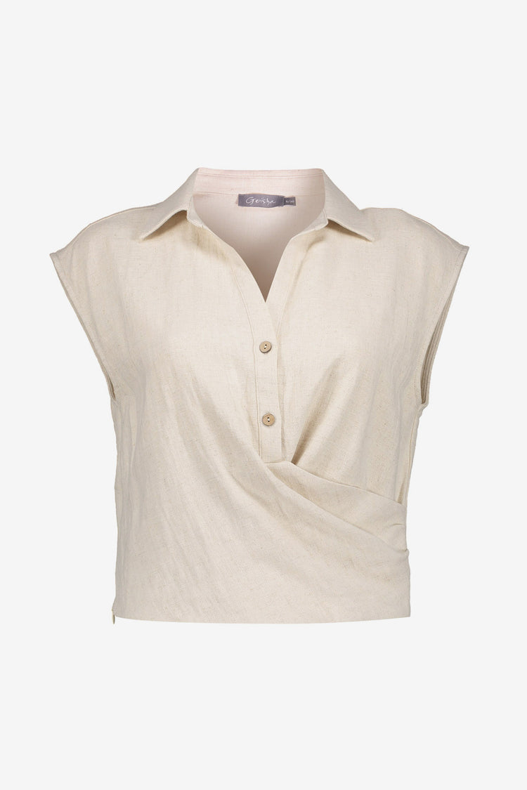 Geisha top met overslagdetail en linnenlook