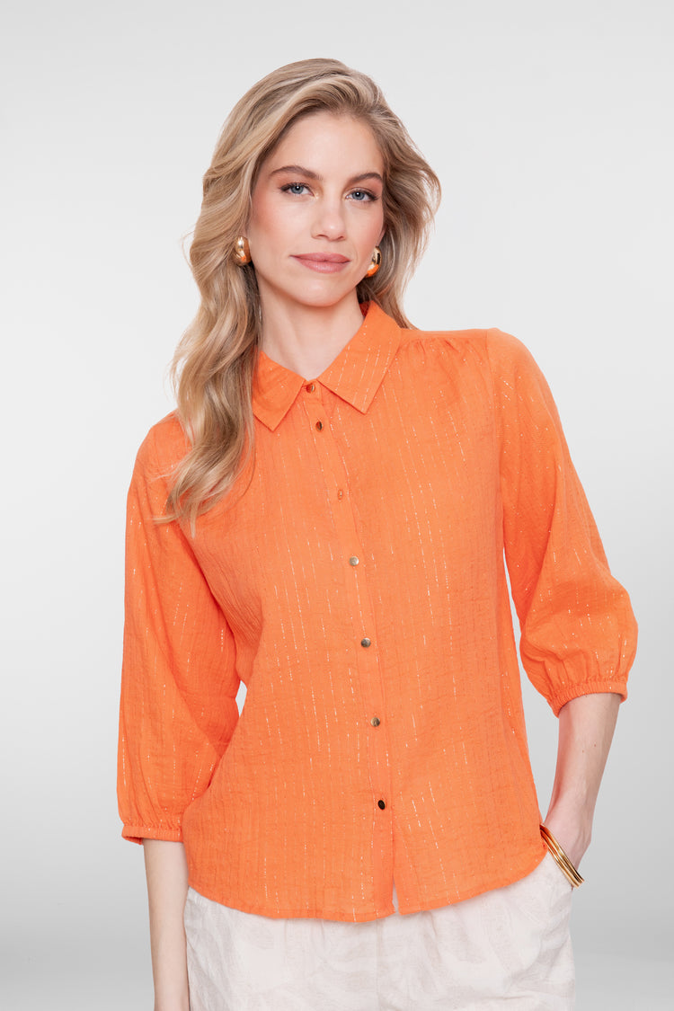 Geisha oranje blouse met lurex en opvallende knoopjes