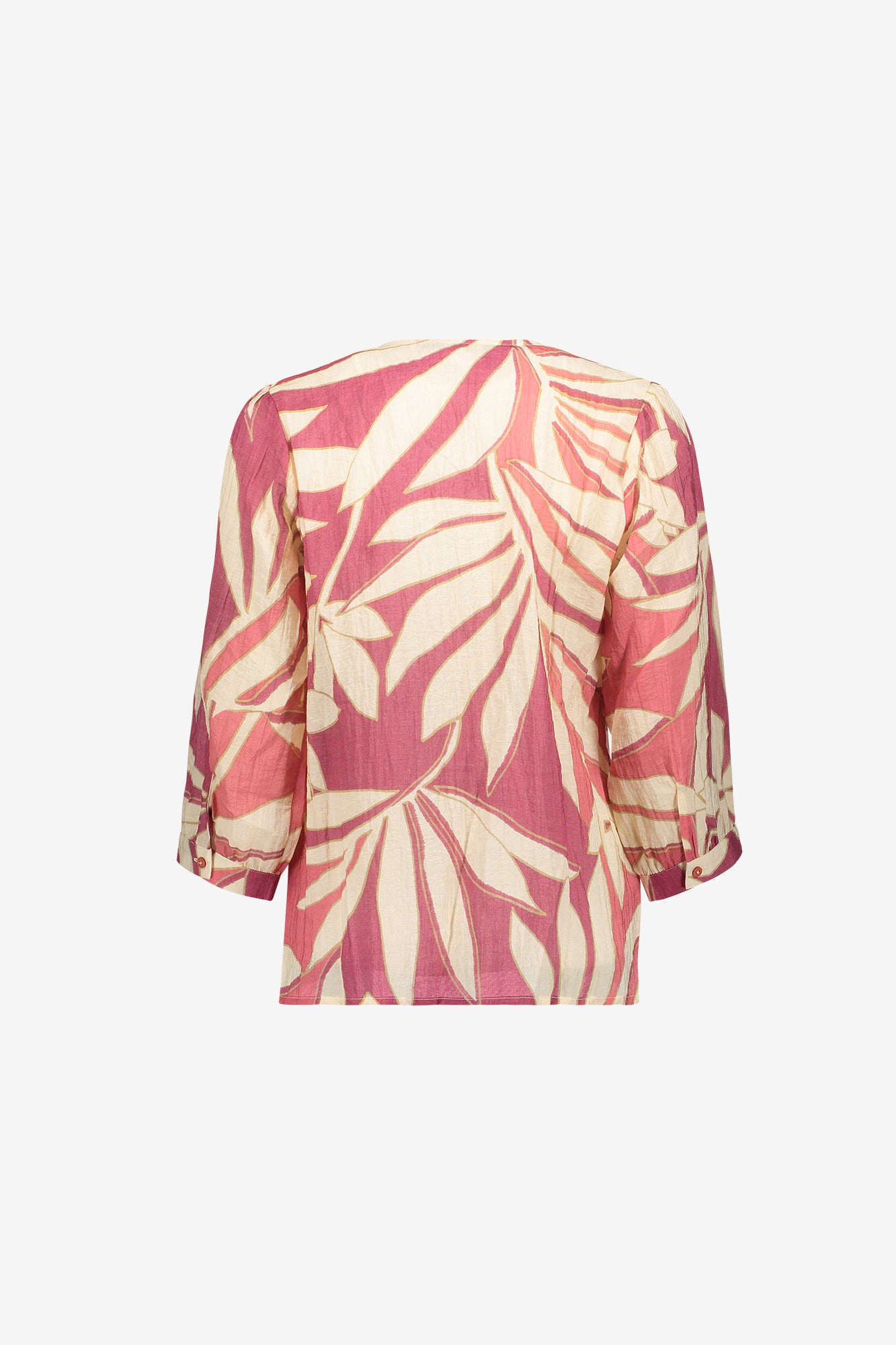 Geisha blouse met tropische bladprint en vrouwelijke uitstraling