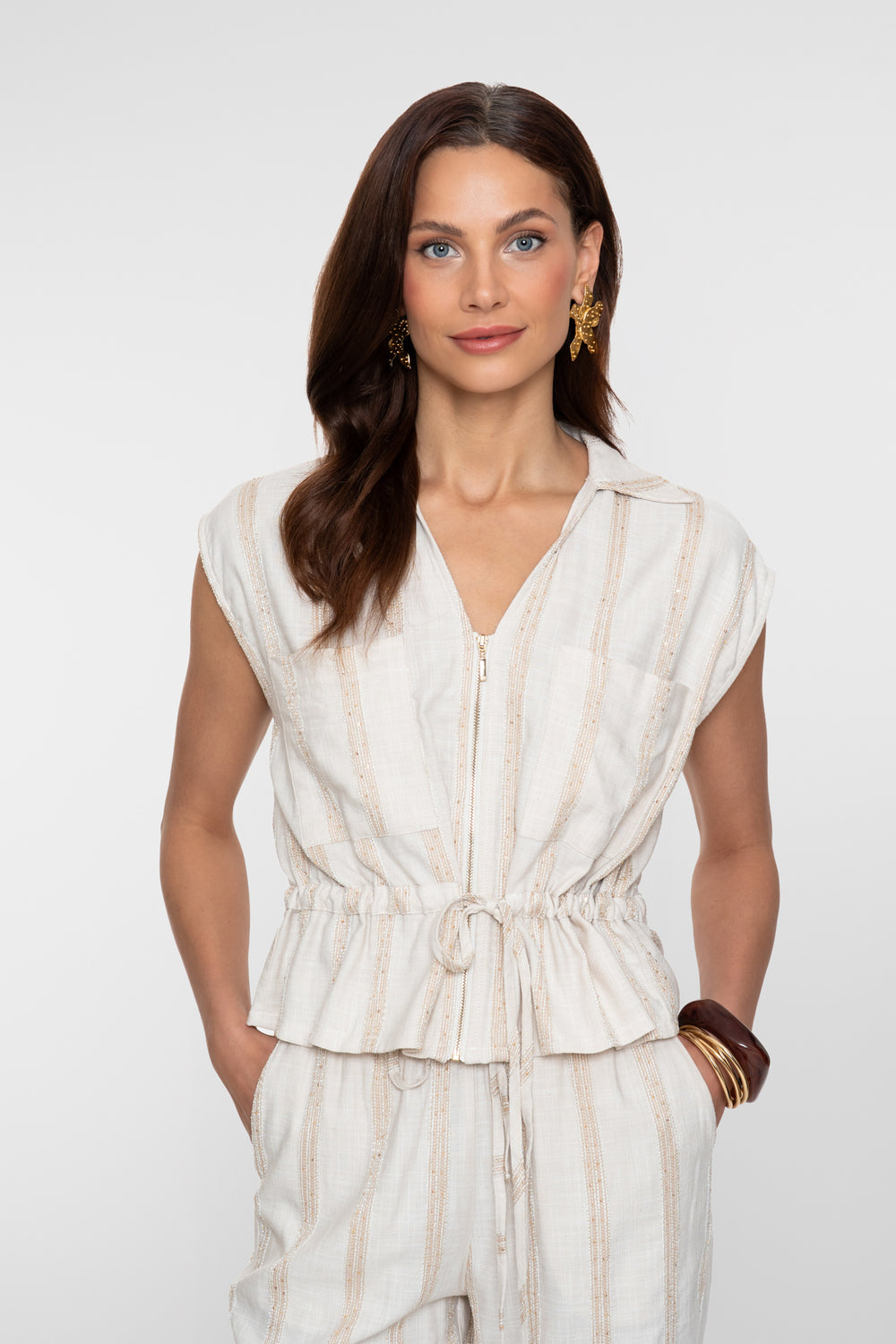 Geisha peplum top met streepdessin en subtiele shimmer