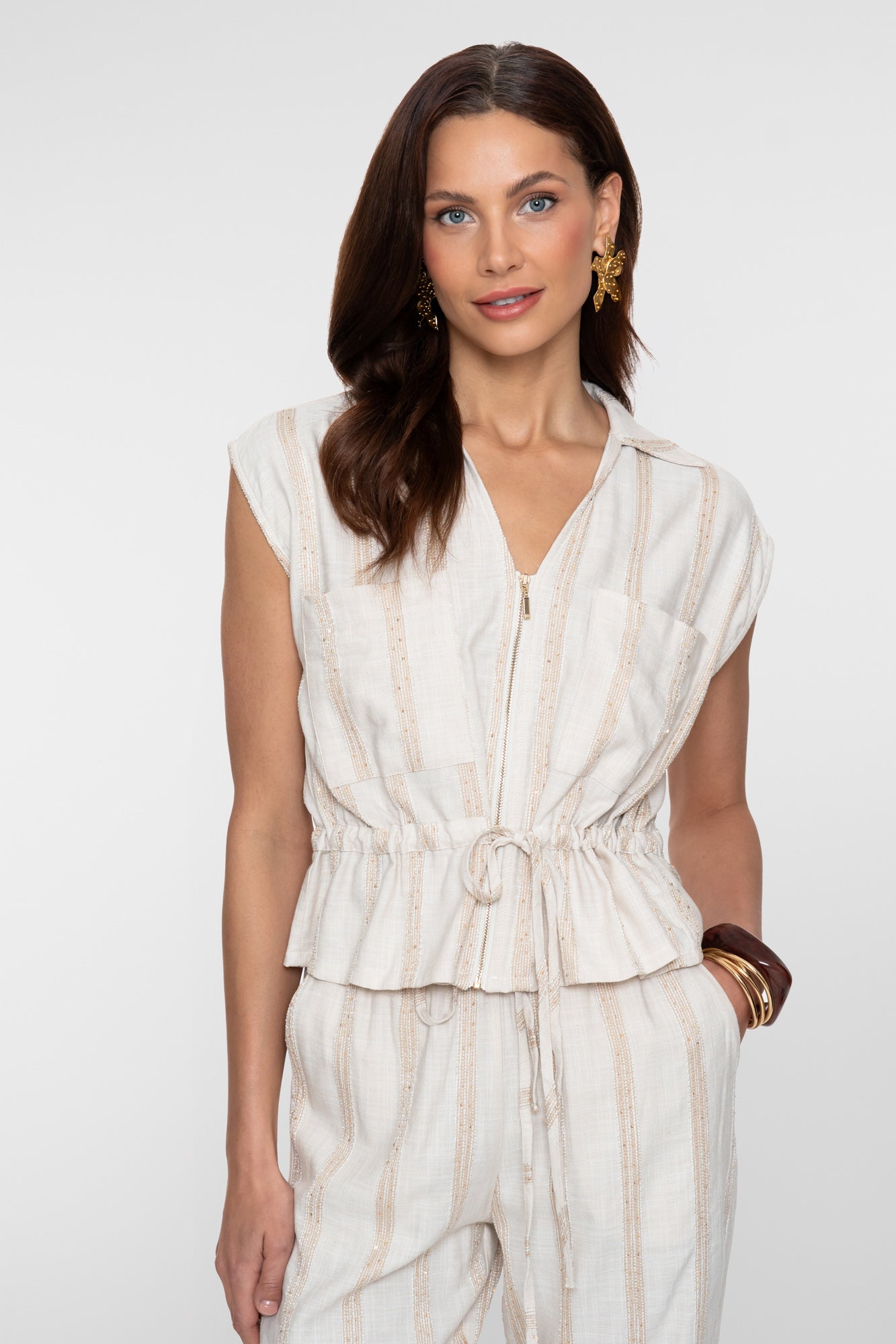 Geisha peplum top met streepdessin en subtiele shimmer
