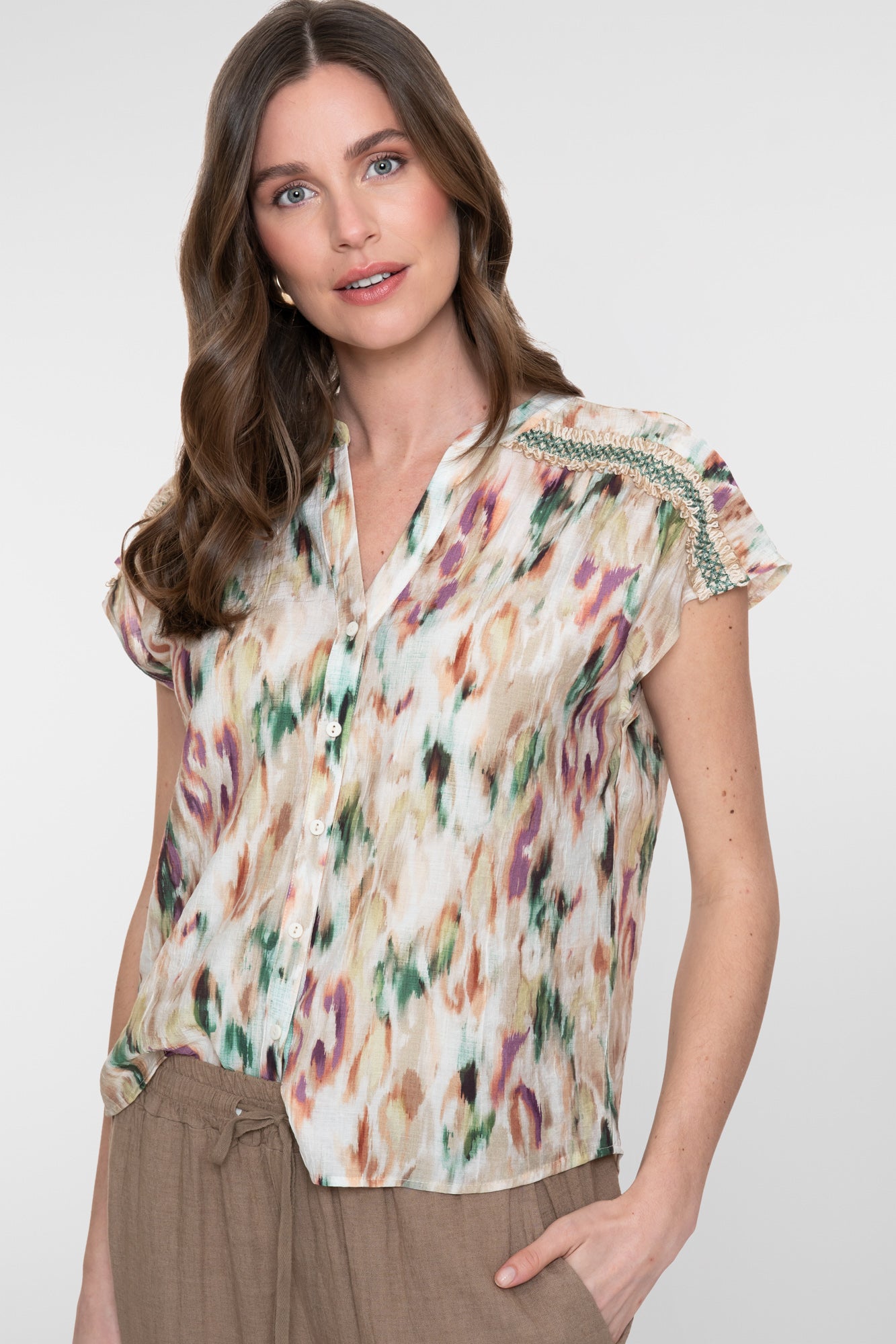 Geisha blouse met aquarelprint in zachte kleur tinten