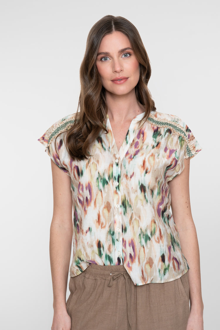 Geisha blouse met aquarelprint in zachte kleur tinten