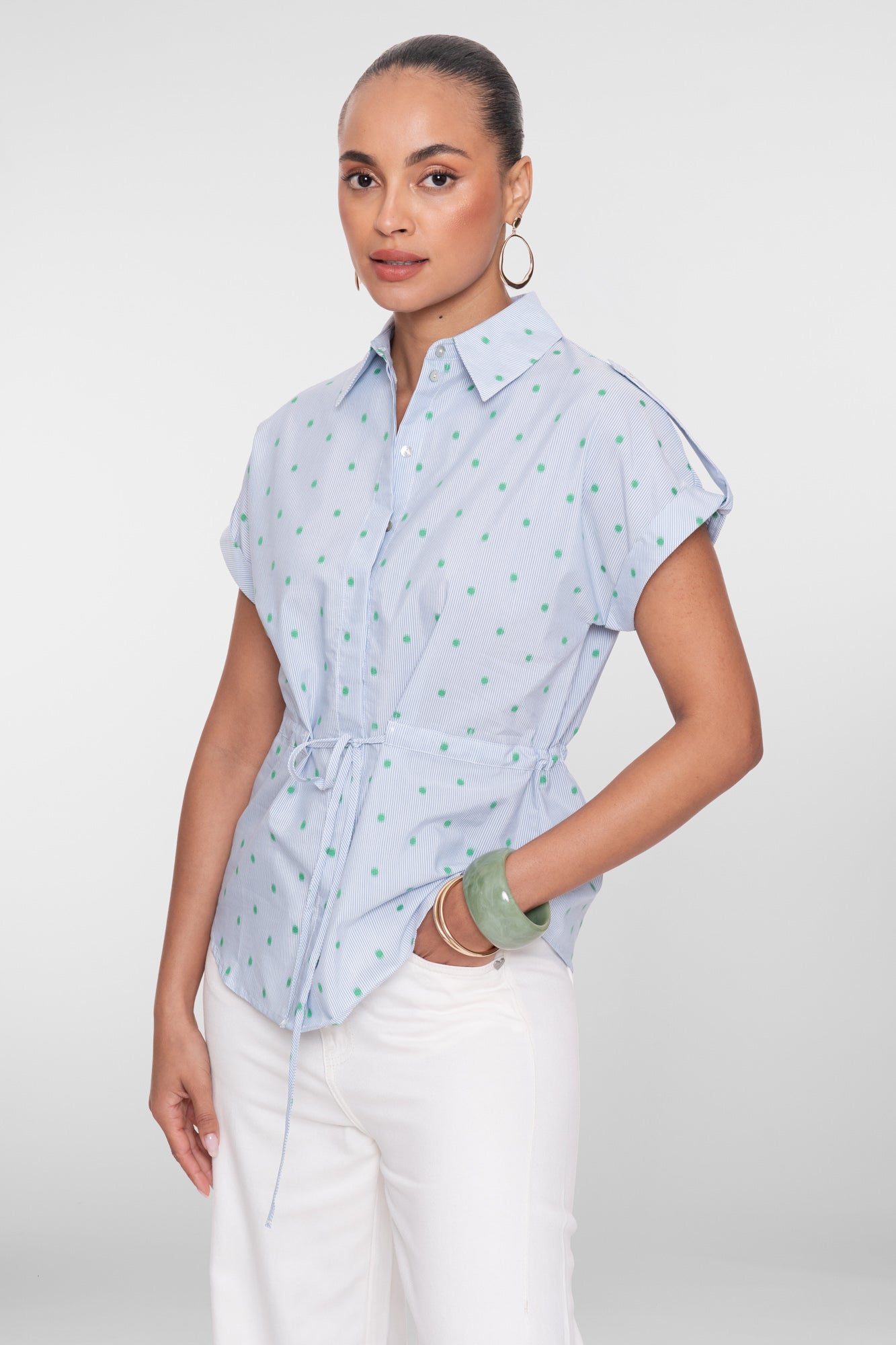 Geisha blouse met streepdessin, dots en strikceintuur