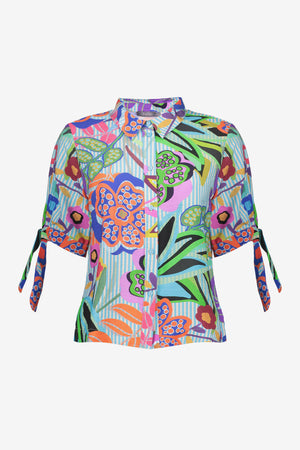 Geisha blouse met kleurrijke print en strikdetail op de mouw