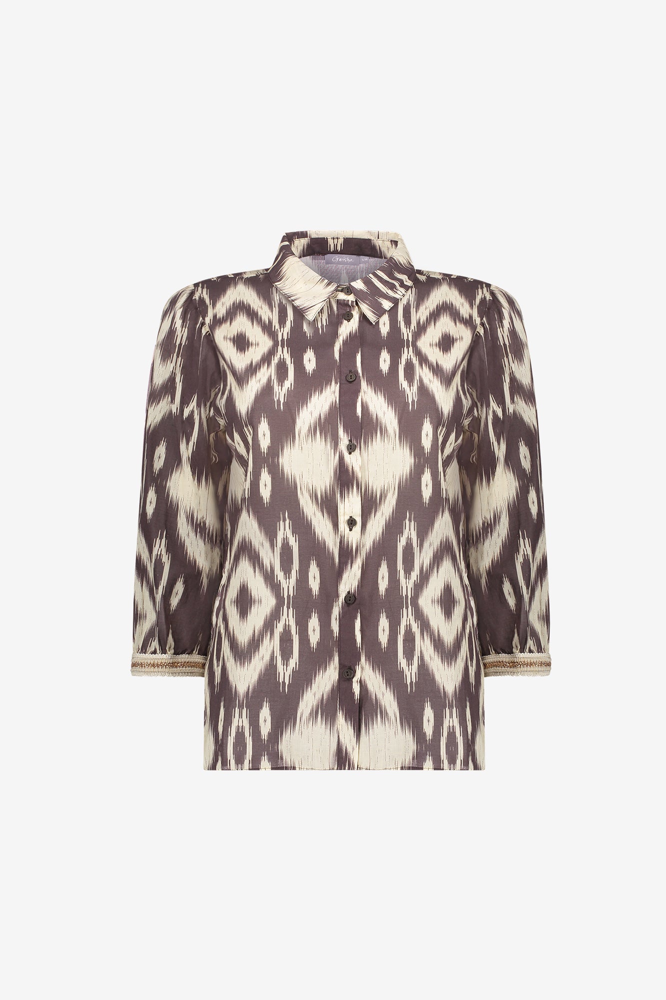Geisha blouse met aztekprint en sierlijke tape detail