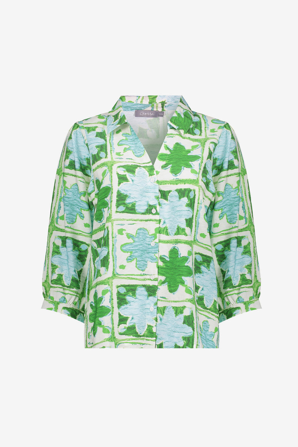 Geisha blouse met tegelprint en zachte groentinten