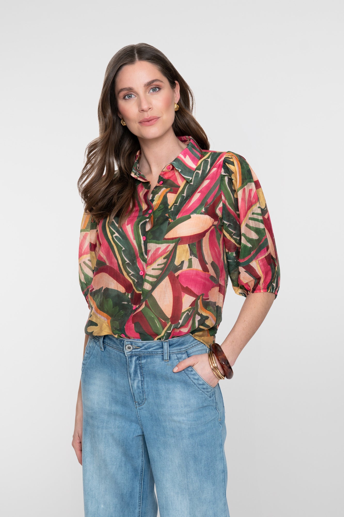Geisha blouse met kleurrijke print en halflange mouwen
