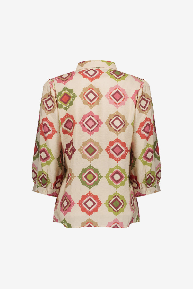 Geisha blouse met grafische print in zand en roodtinten