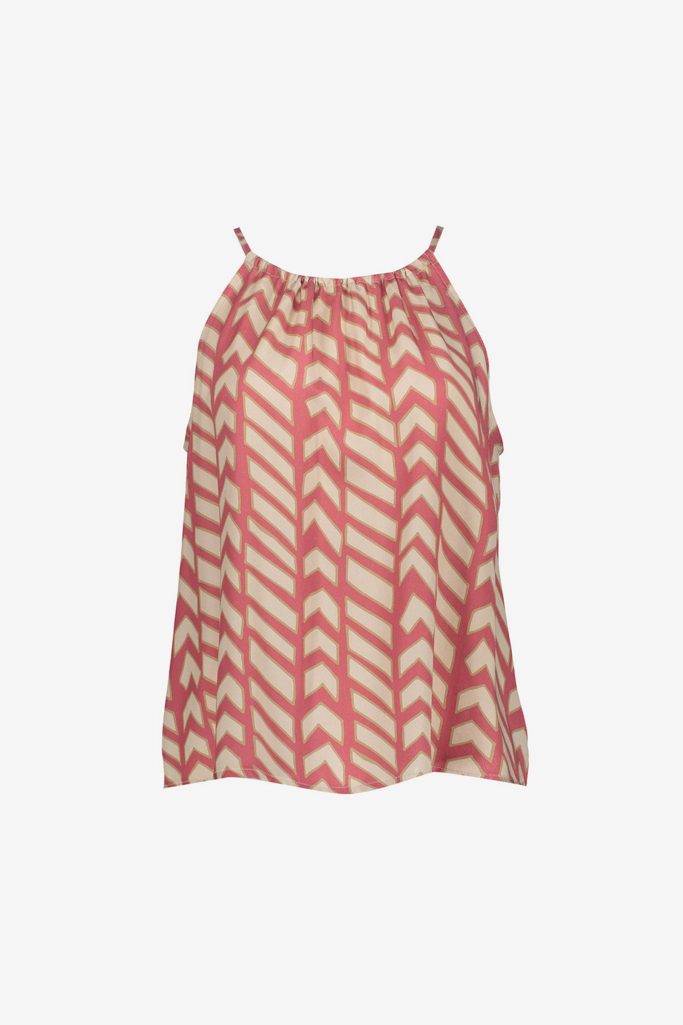 Geisha haltertop met zigzagprint in coral en zandtinten