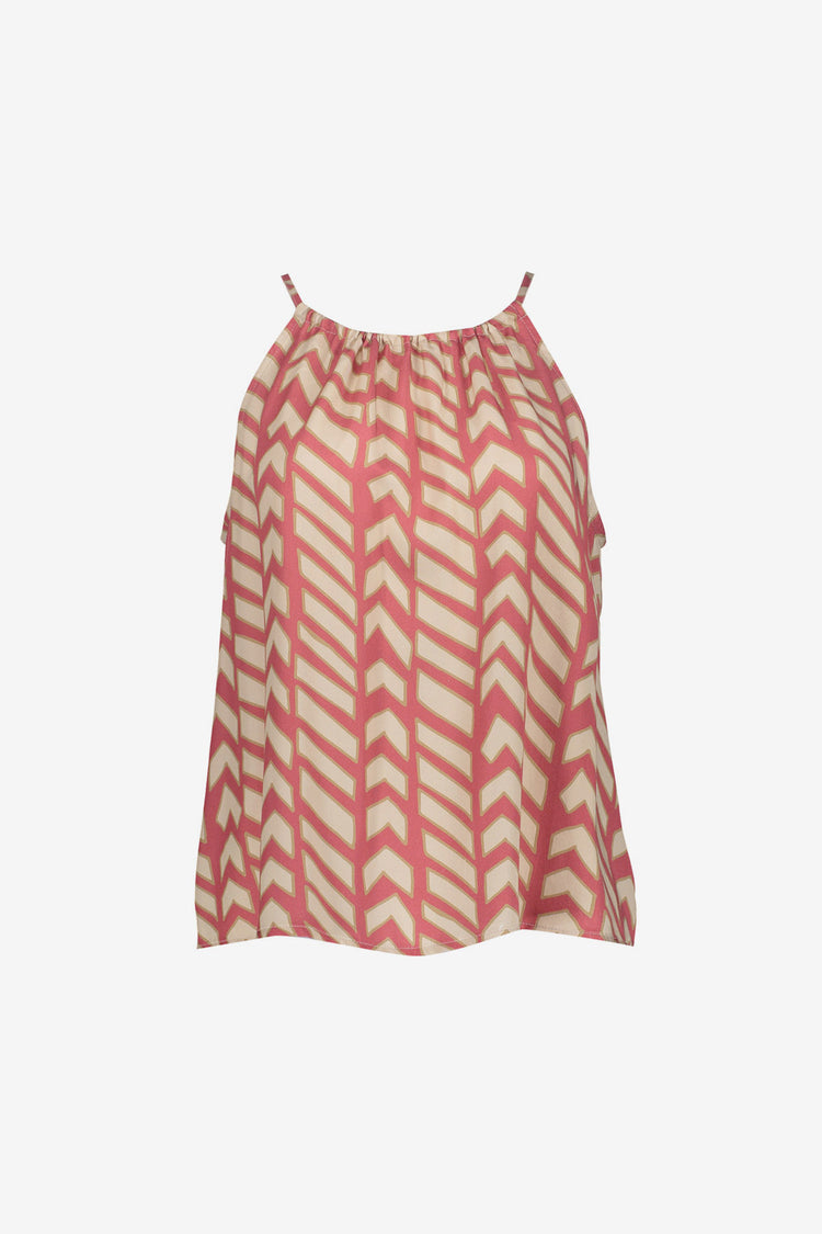 Geisha haltertop met zigzagprint in coral en zandtinten