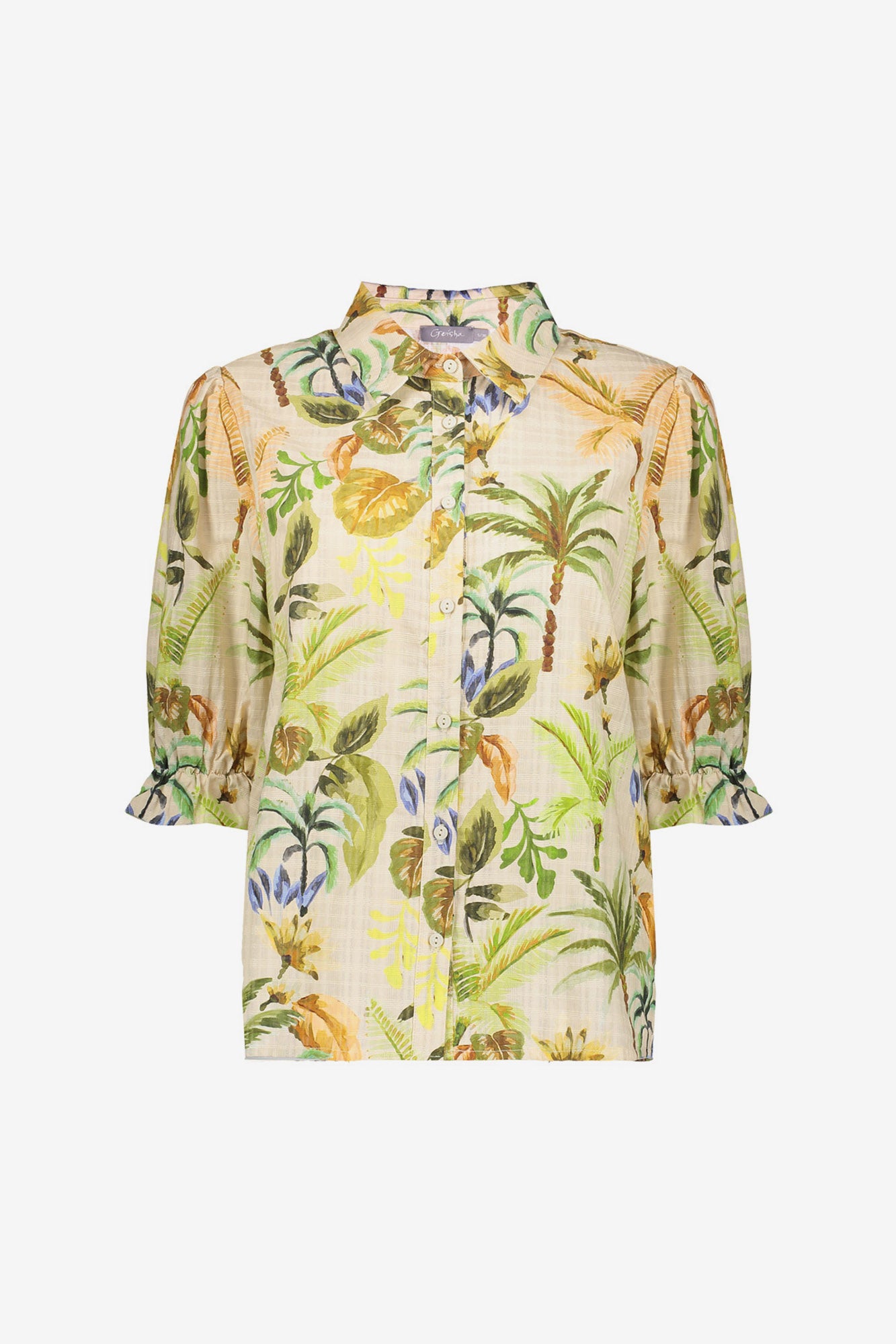 Geisha blouse met tropische print en pofmouwen