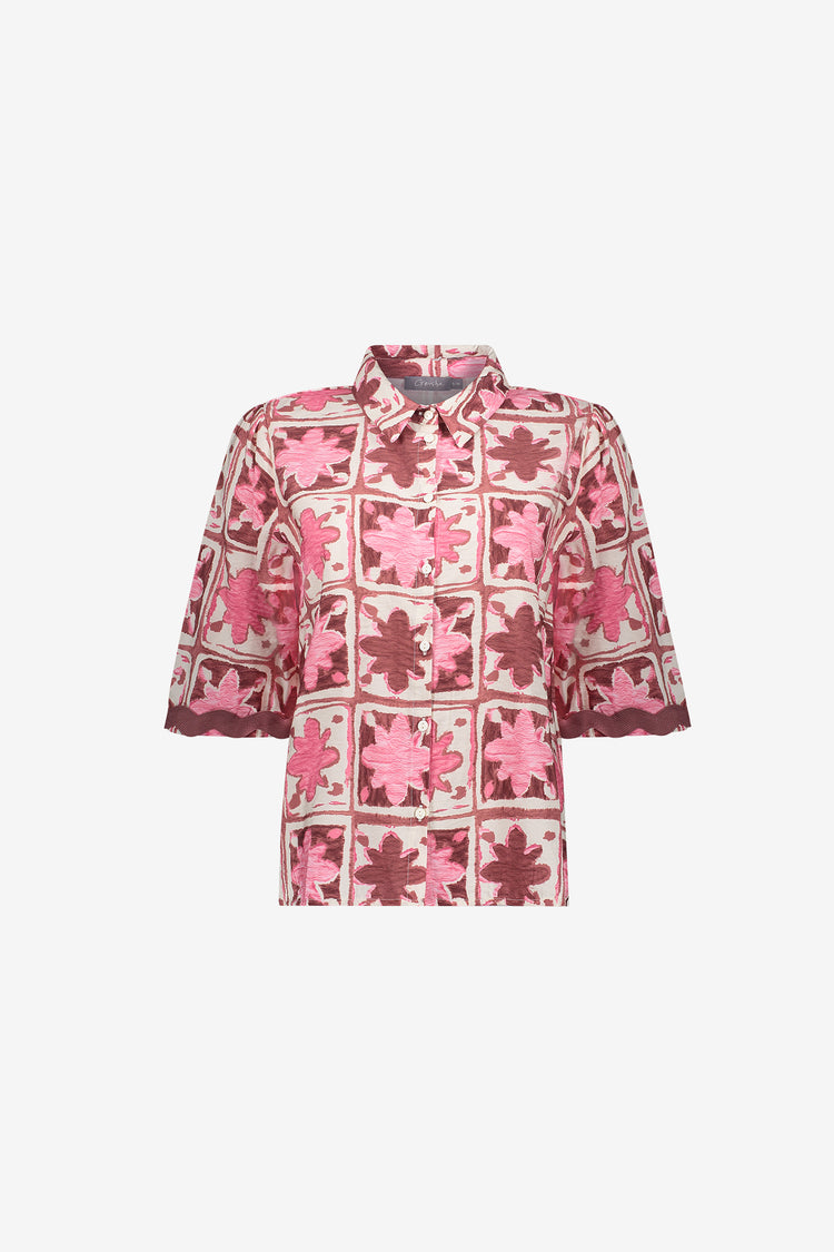 Geisha blouse met tile print en korte mouwen met detail