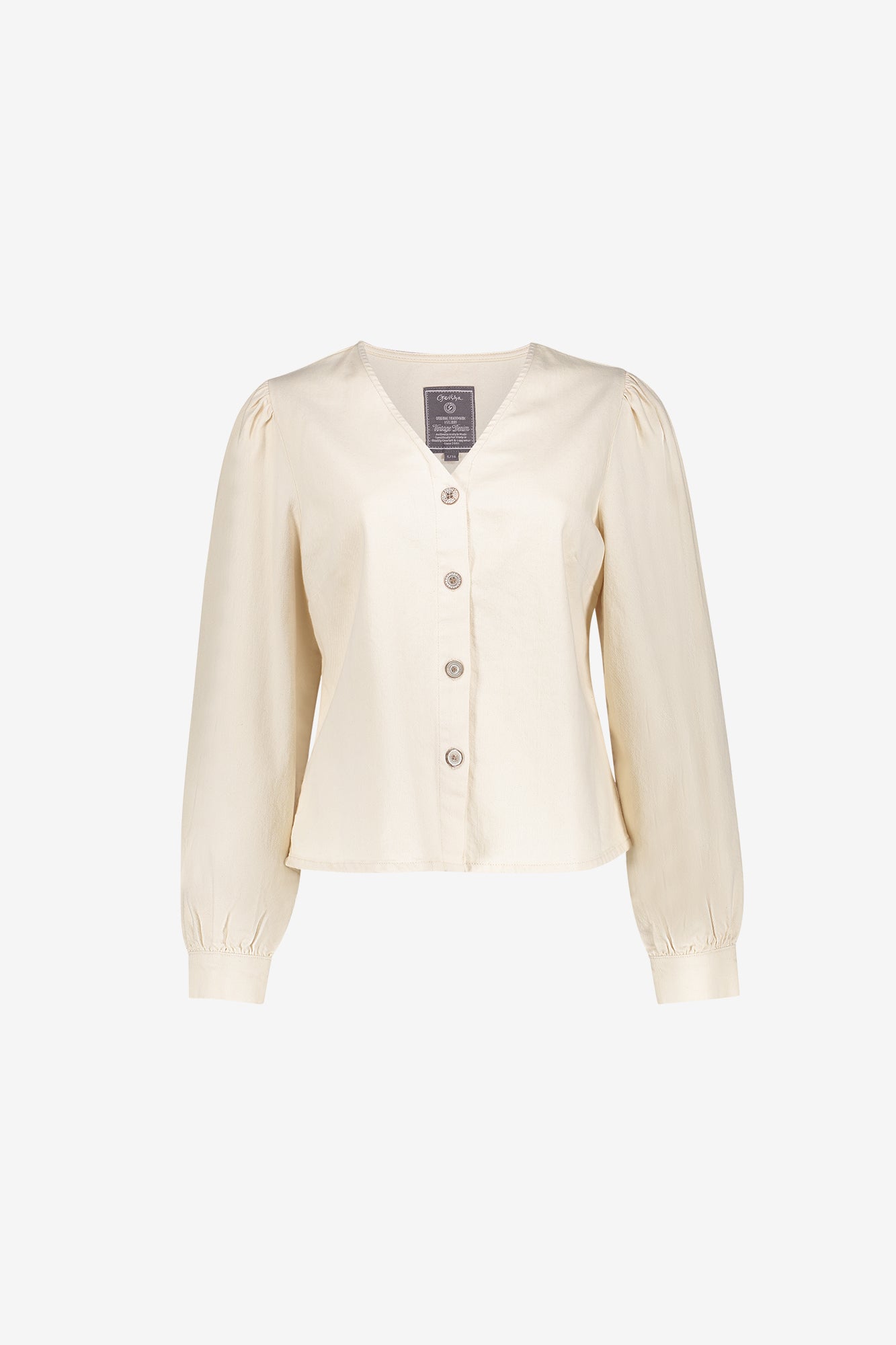 Geisha witte denim blouse met V-hals en decoratieve knoopsluiting