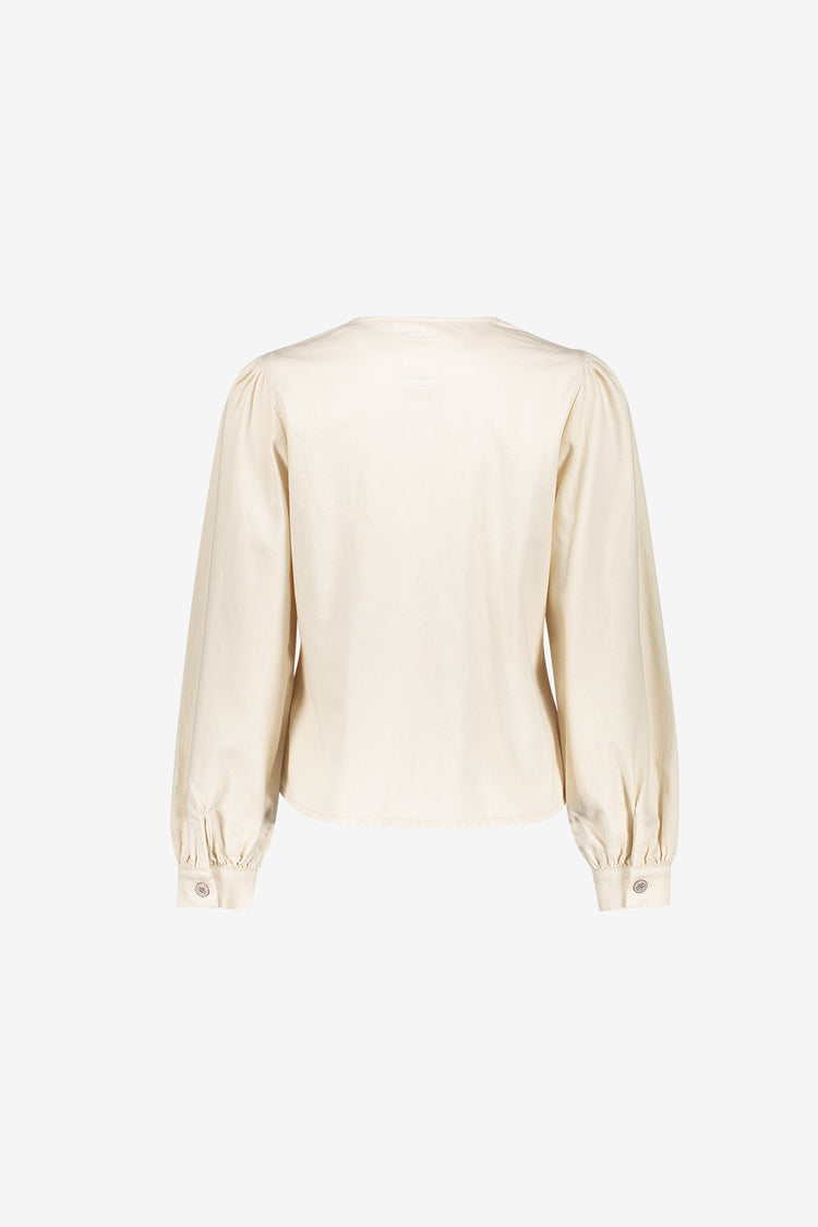 Geisha witte denim blouse met V-hals en decoratieve knoopsluiting